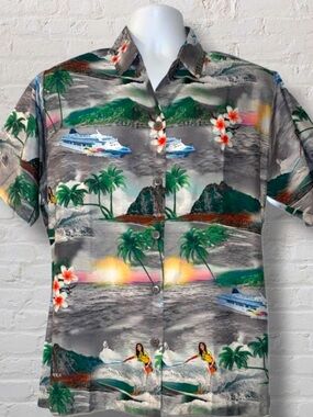 Happy Bay Hawaiian Aloha Shirt Cruise Island Print - Men's Size - Medium